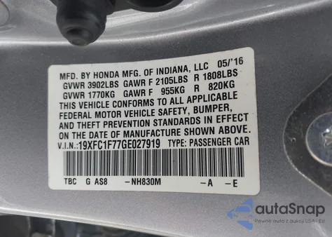 2016 Honda Civic Ex-L from USA, damaged, VIN 19XFC1F77GE027919